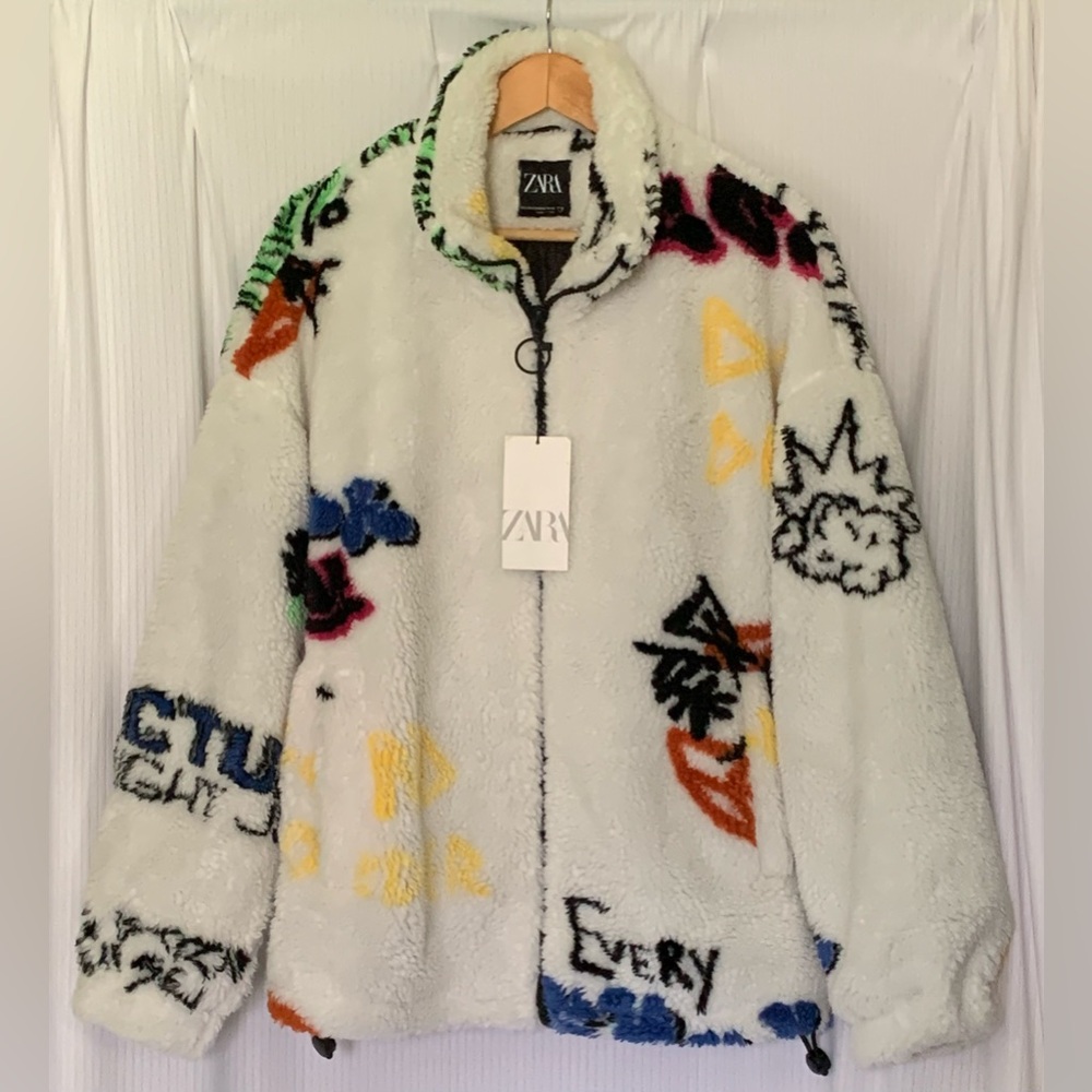 Zara Teddy Jacket White w/ Graffiti Print Lined Oversized Unisex NWT